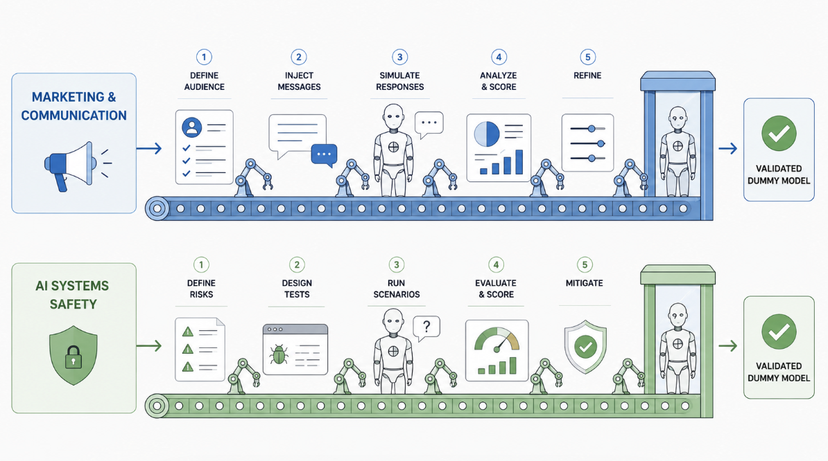Two assembly lines. The top line, Marketing and Communication, runs five steps — define audience, inject messages, simulate responses, analyse and score, refine — into a validated dummy model. The bottom line, AI Systems Safety, runs five steps — define risks, design tests, run scenarios, evaluate and score, mitigate — into a validated dummy model.